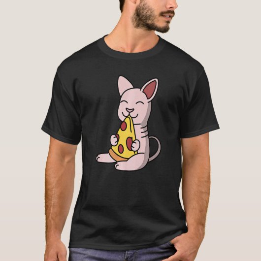 スフィンクスの猫がピザを食べるペット Tシャツ (正面)