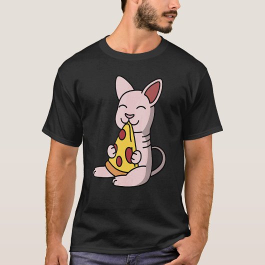 スフィンクスの猫がピザを食べるペット Tシャツ (正面)