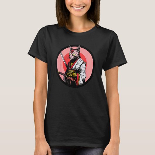 スフィンクスの猫のサムライ 笑うペットの戦士 Tシャツ (正面)