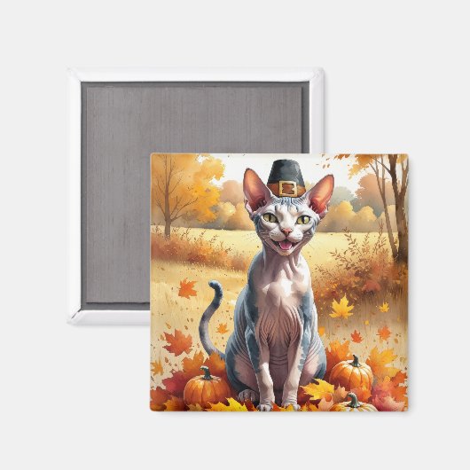 スフィンクスの猫の秋の葉っぱと感謝祭アート マグネット (正面/裏面)