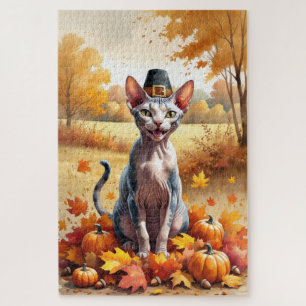 スフィンクスの猫 紅葉の落ち葉と感謝祭のアート ジグソーパズル