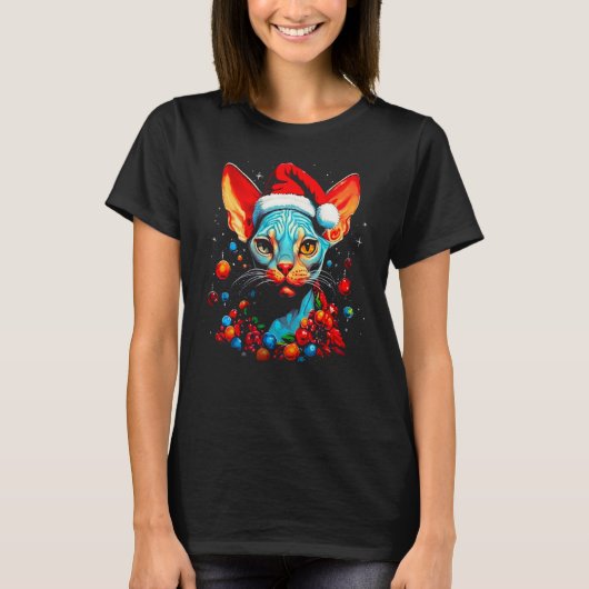 スフィンクス毛のない猫クリスマス Tシャツ (正面)