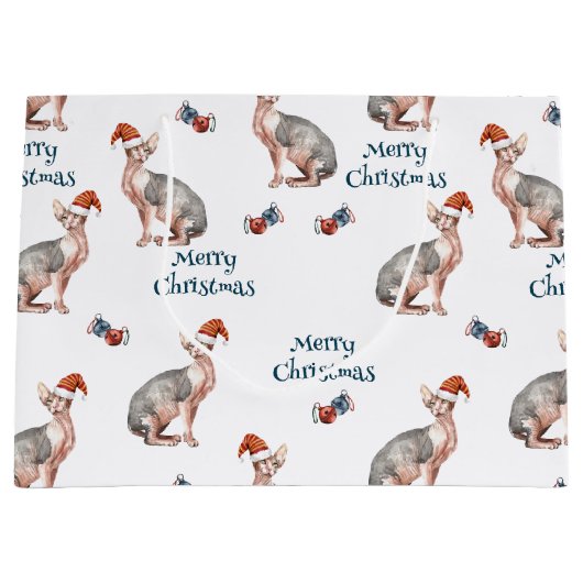 スフィンクス毛のない猫サンタクロース帽子クリスマス ラージペーパーバッグ (正面)