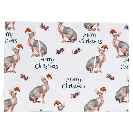 スフィンクス毛のない猫サンタクロース帽子クリスマス ラージペーパーバッグ (裏面)