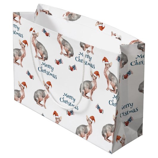 スフィンクス毛のない猫サンタクロース帽子クリスマス ラージペーパーバッグ (裏面アングル)