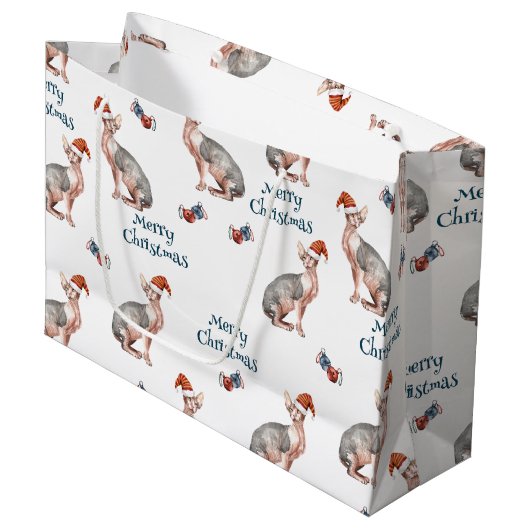 スフィンクス毛のない猫サンタクロース帽子クリスマス ラージペーパーバッグ (正面アングル)