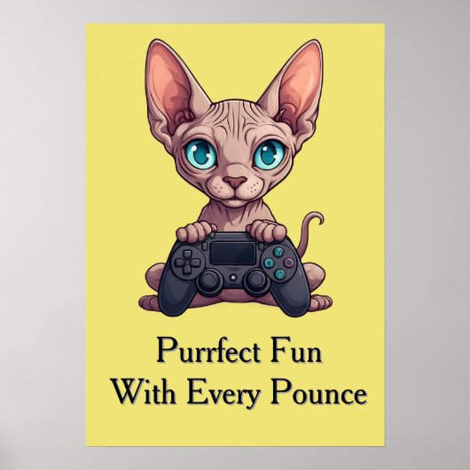 スフィンクス猫がゲームコントローラを持っている ポスター (正面)