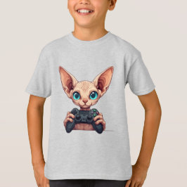 スフィンクス猫がゲームコントローラを持っている Tシャツ