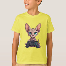スフィンクス猫がゲームコントローラを持っている Tシャツ