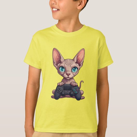 スフィンクス猫がゲームコントローラを持っている Tシャツ (正面)