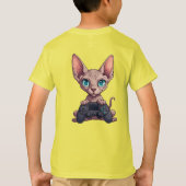 スフィンクス猫がゲームコントローラを持っている Tシャツ (裏面)