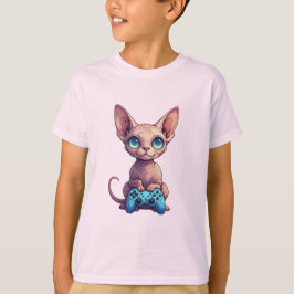 スフィンクス猫がゲームコントローラを持っている Tシャツ