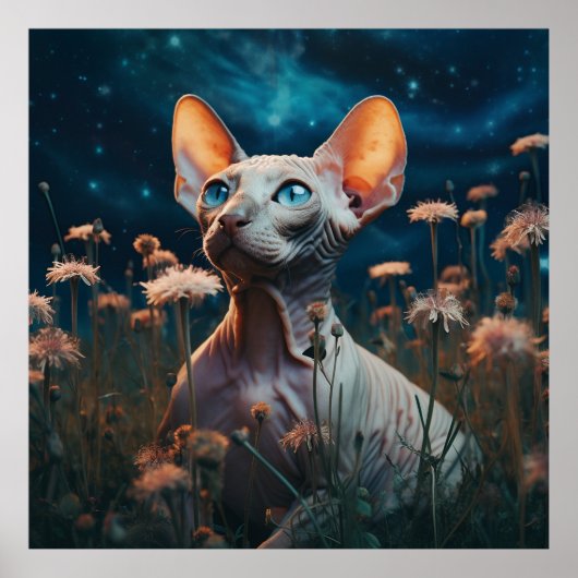 スフィンクス猫が空を眺める – 華やかな花の芸術 ポスター (正面)