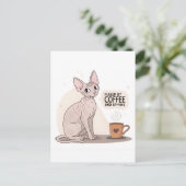 スフィンクス猫のイラストに支えられたコーヒー ポストカード (スタンド正面)
