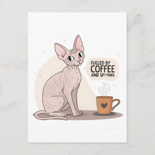 スフィンクス猫のイラストに支えられたコーヒー ポストカード