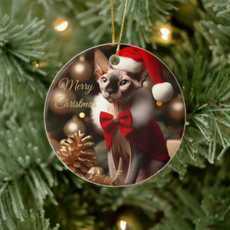 スフィンクス猫のクリスマス ペットフォトギフト セラミックオーナメント