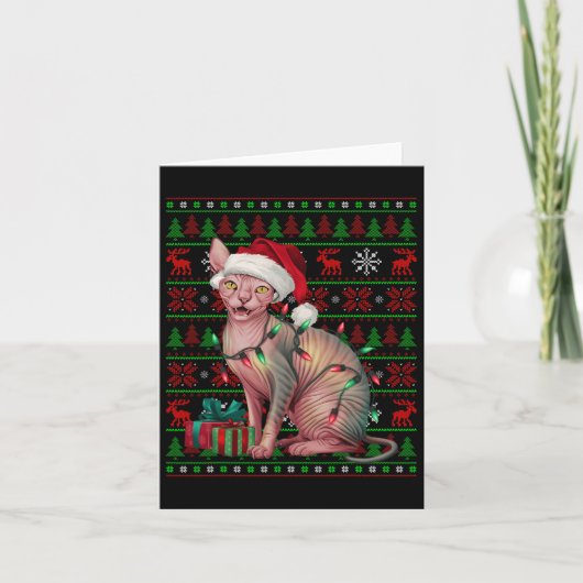 スフィンクス猫のクリスマス ライト、ダサいサンタ帽 スフィンクス猫C カード (正面)