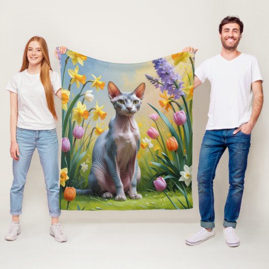 スフィンクス猫の春の花の絵 フリースブランケット (インサイチュ)