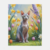 スフィンクス猫の春の花の絵 フリースブランケット (正面)