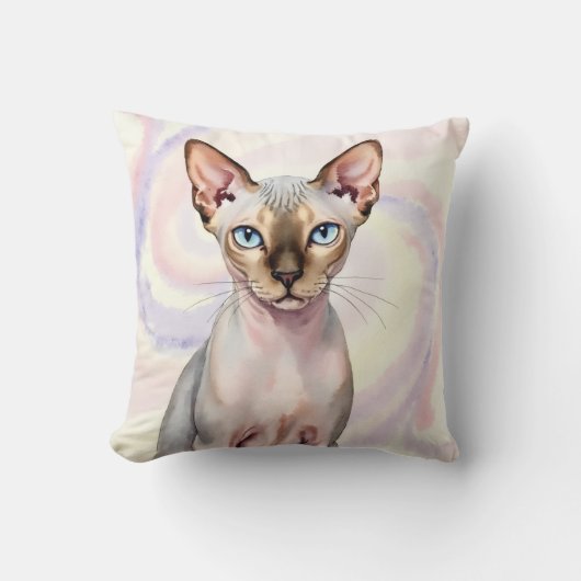 スフィンクス猫の水彩画マーブル渦アート クッション (正面)