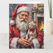 スフィンクス猫を抱くサンタのクリスマスアート カード (正面)
