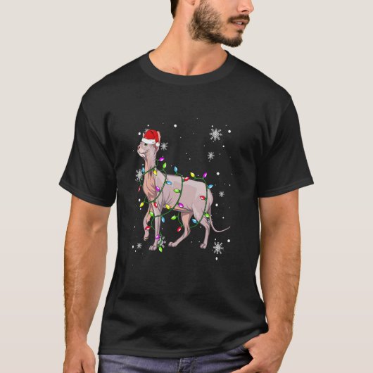 スフィンクス猫クリスマスイルミネーション クリスマスの猫 サンタ帽子 Tシャツ (正面)