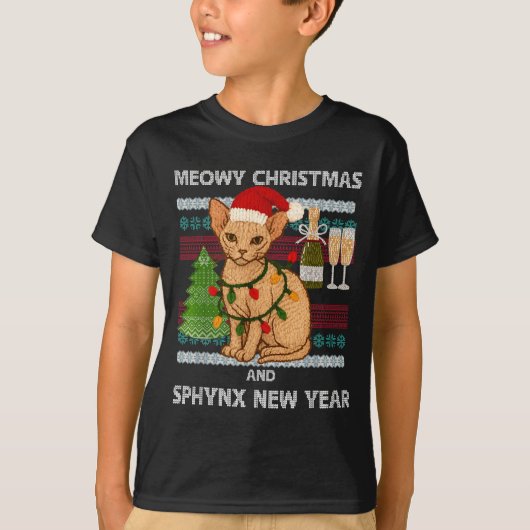 スフィンクス猫サンタ帽子おもしろクリスマスセーター Tシャツ (正面)