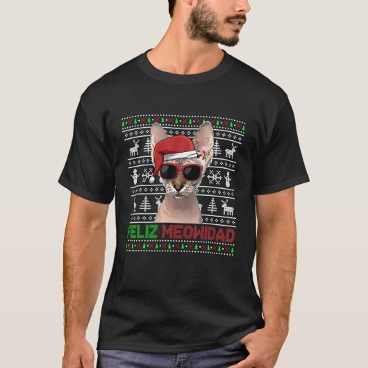 スフィンクス猫フェリスメウィダードおもしろいクリスマス Tシャツ (正面)