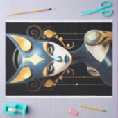 スフィンクス猫ブラック金ゴールドブルーアールデコデコパージュ 薄葉紙 (クラフト)