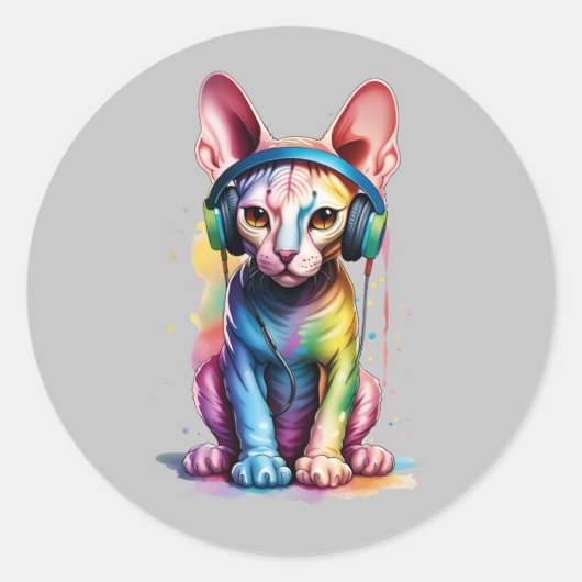 スフィンクス猫レインボーヘッドフォン ラウンドシール (正面)