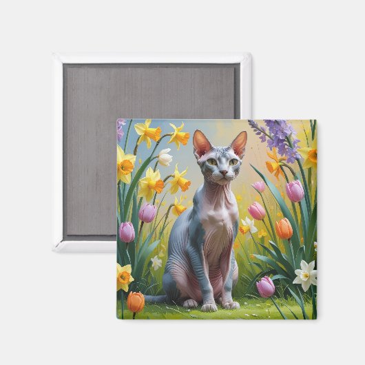 スフィンクス猫春の花絵を描ズ マグネット (正面/裏面)