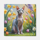 スフィンクス猫春の花絵を描ズ マグネット (正面)