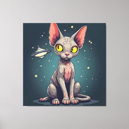 スフィンクス猫UFO宇宙風刺画アート キャンバスプリント (正面)
