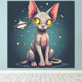 スフィンクス猫UFO宇宙風刺画アート キャンバスプリント (インサイチュ (ウッドフロア))