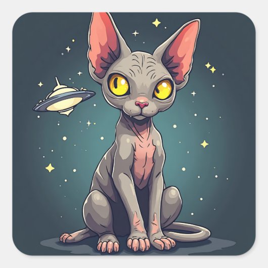 スフィンクス猫UFO宇宙風刺画アート スクエアシール (正面)
