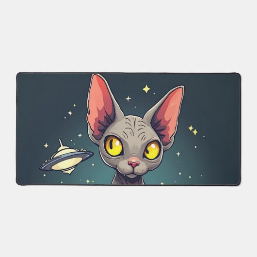 スフィンクス猫UFO宇宙風刺画アート デスクマット (正面)