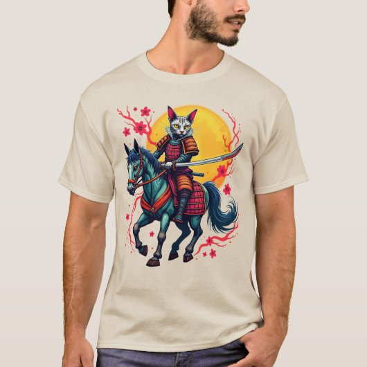 スフィンクス サムライ 馬に乗る - 桜 サクラ Tシャツ (正面)