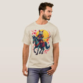 スフィンクス サムライ 馬に乗る - 桜 サクラ Tシャツ (正面フル)