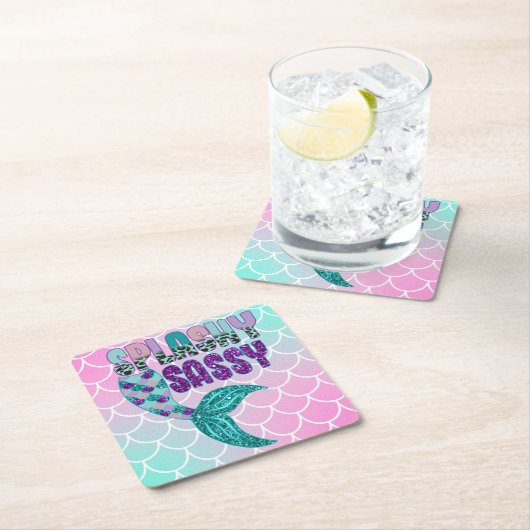 スプガーリーラシーなピンクの紫の緑の人魚の尾 スクエアペーパーコースター (インサイチュ)