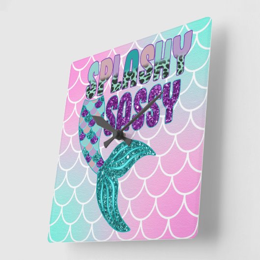 スプガーリーラシーなピンクの紫の緑の人魚の尾 スクエア壁時計 (傾斜)