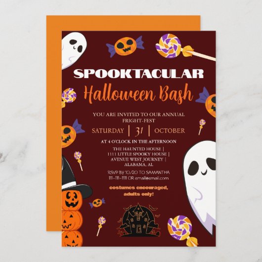 スプキー幽霊のよく出るブハウスハロウィーンbashパーティー 招待状 (正面/裏面)