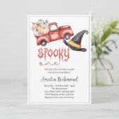 スプキー1レッドパンプキンピックアップトラック赤ちゃんシャワー 招待状 (スタンド正面)