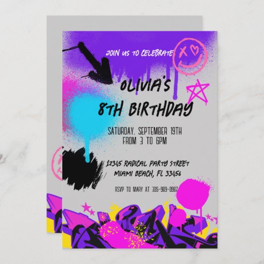 スプグランジレイ絵を描グラフィティ誕生日招待状 招待状 (正面/裏面)