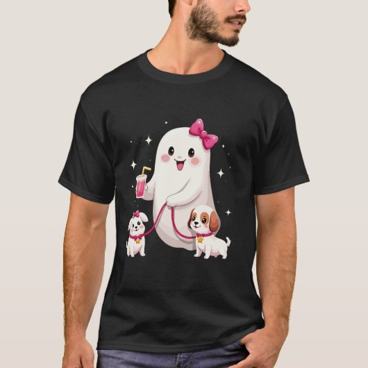 スプコピーかわいいピンクコケット幽霊歩くドッグハロー Tシャツ (正面)