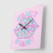 スプラシガーリーー&サッシピンクターコイズマーメイドキス スクエア壁時計 (傾斜)