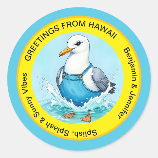 スプラッシュで楽しむカモメの夏 ハワイのご挨拶 ラウンドシール (正面)