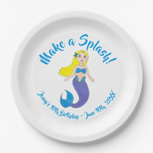 スプラッシュで泳ぐ人魚の誕生日パーティー ペーパープレート (正面)