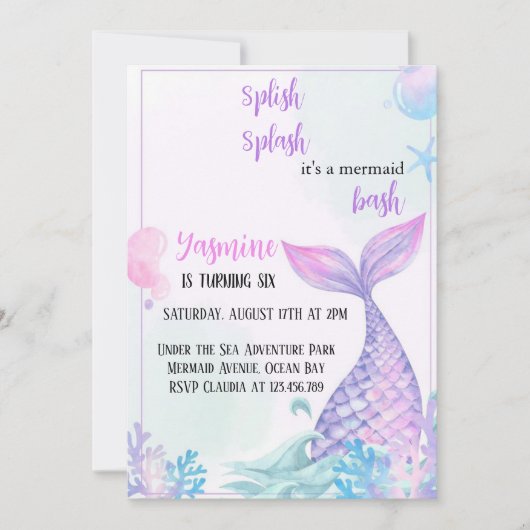 スプラッシュな人魚の誕生日の招待状 招待状 (正面)