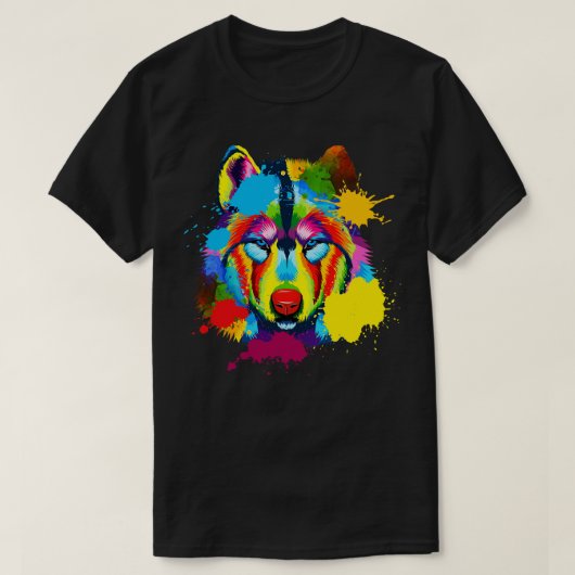 スプラッシュアートアメリカンウルフ顔 Tシャツ (デザイン正面)