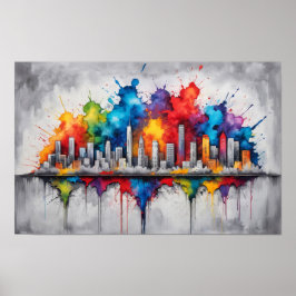 スプラッシュインクスケッチと超高層ビルスカイライン ポスター